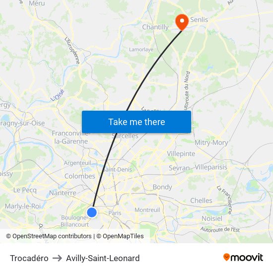 Trocadéro to Avilly-Saint-Leonard map