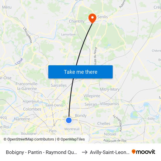 Bobigny - Pantin - Raymond Queneau to Avilly-Saint-Leonard map