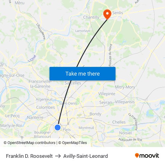 Franklin D. Roosevelt to Avilly-Saint-Leonard map