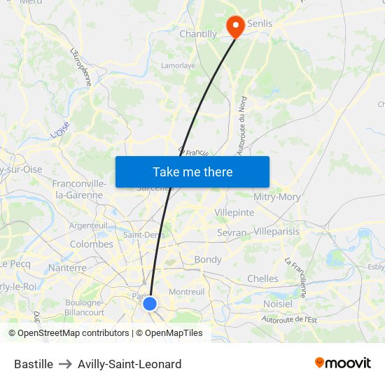 Bastille to Avilly-Saint-Leonard map