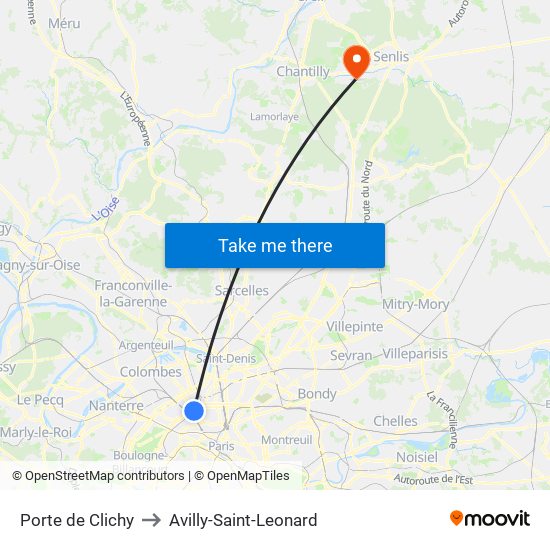 Porte de Clichy to Avilly-Saint-Leonard map