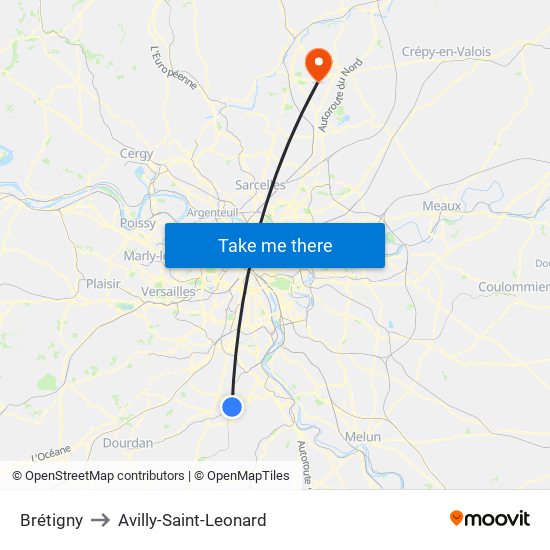 Brétigny to Avilly-Saint-Leonard map