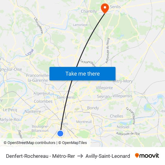 Denfert-Rochereau - Métro-Rer to Avilly-Saint-Leonard map