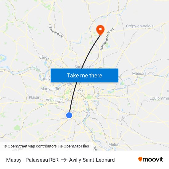 Massy - Palaiseau RER to Avilly-Saint-Leonard map