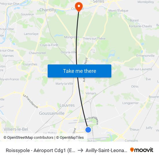 Roissypole - Aéroport Cdg1 (E2) to Avilly-Saint-Leonard map