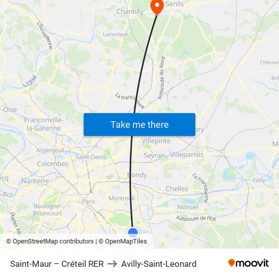 Saint-Maur – Créteil RER to Avilly-Saint-Leonard map