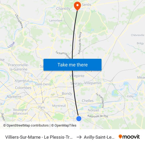 Villiers-Sur-Marne - Le Plessis-Trévise RER to Avilly-Saint-Leonard map