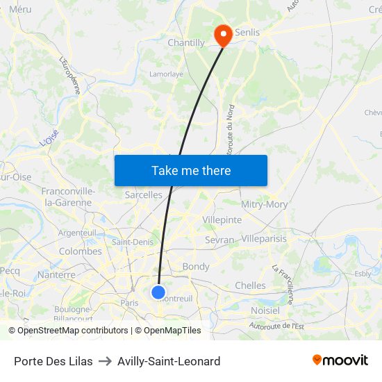 Porte Des Lilas to Avilly-Saint-Leonard map
