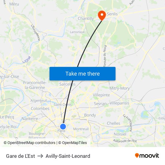 Gare de L'Est to Avilly-Saint-Leonard map