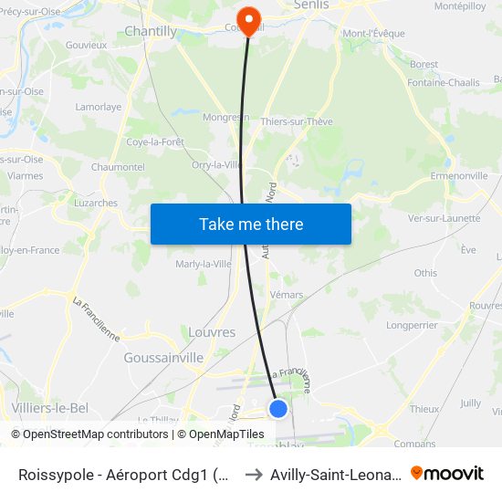 Roissypole - Aéroport Cdg1 (G1) to Avilly-Saint-Leonard map
