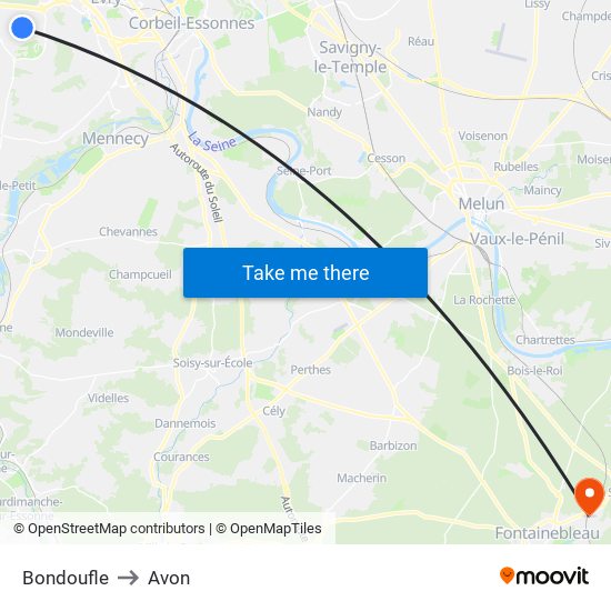 Bondoufle to Avon map