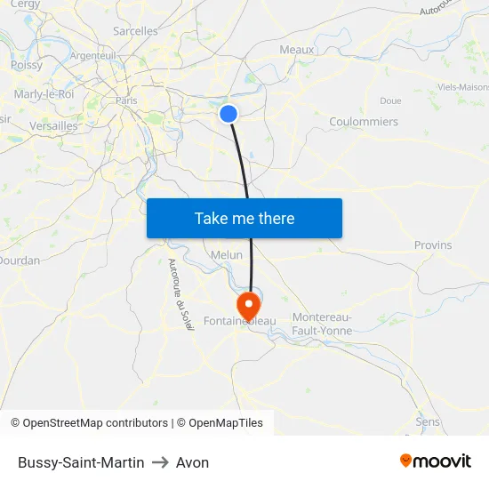 Bussy-Saint-Martin to Avon map