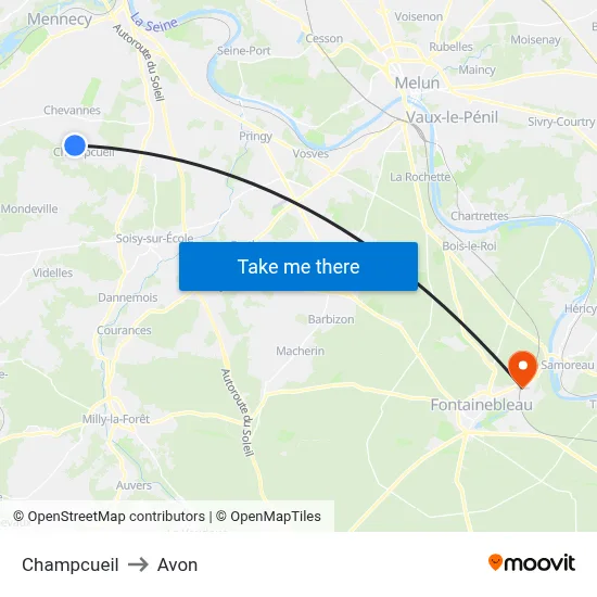 Champcueil to Avon map