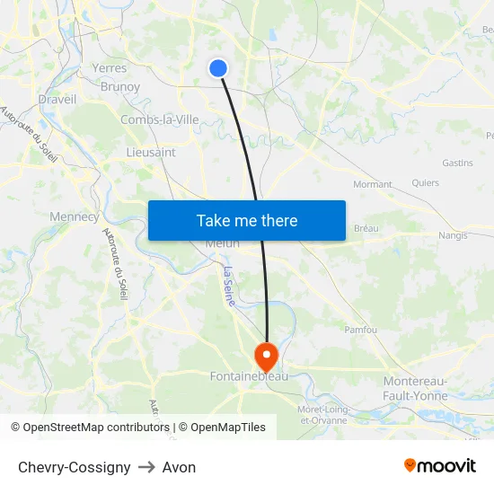 Chevry-Cossigny to Avon map