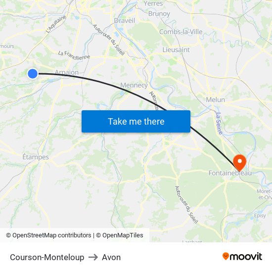 Courson-Monteloup to Avon map