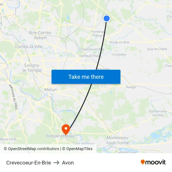 Crevecoeur-En-Brie to Avon map