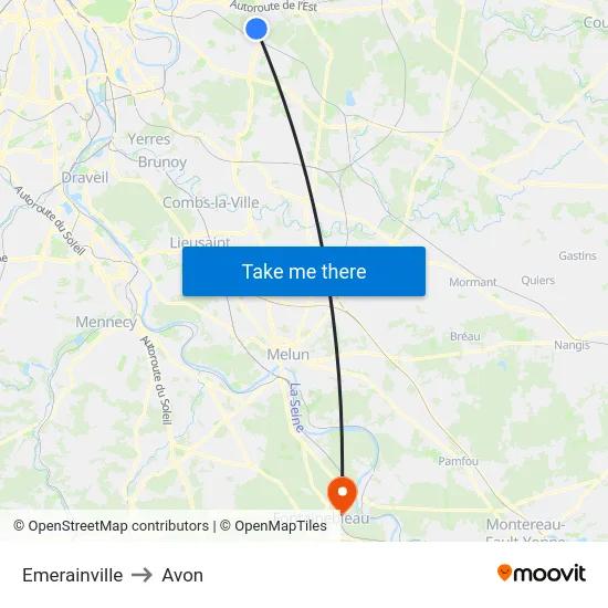 Emerainville to Avon map