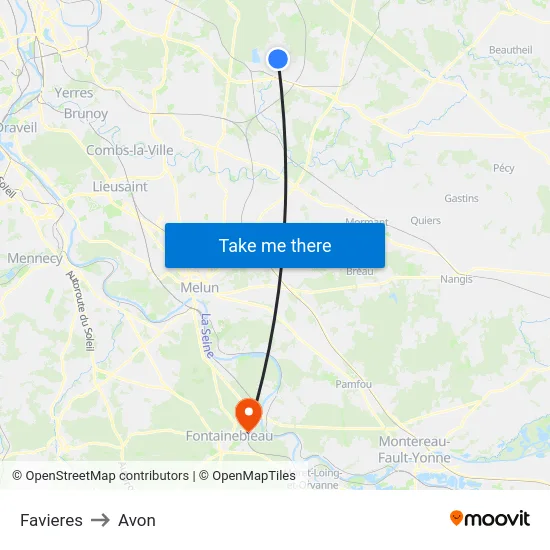 Favieres to Avon map