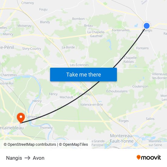Nangis to Avon map