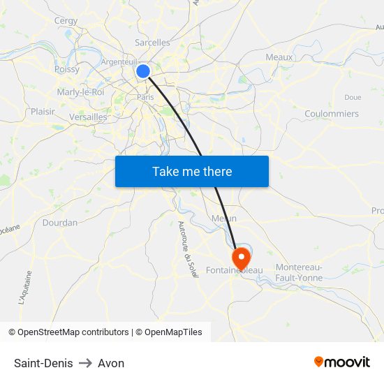 Saint-Denis to Avon map