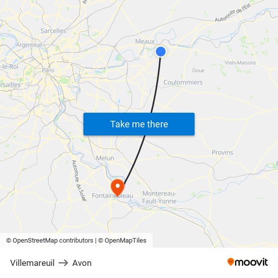 Villemareuil to Avon map