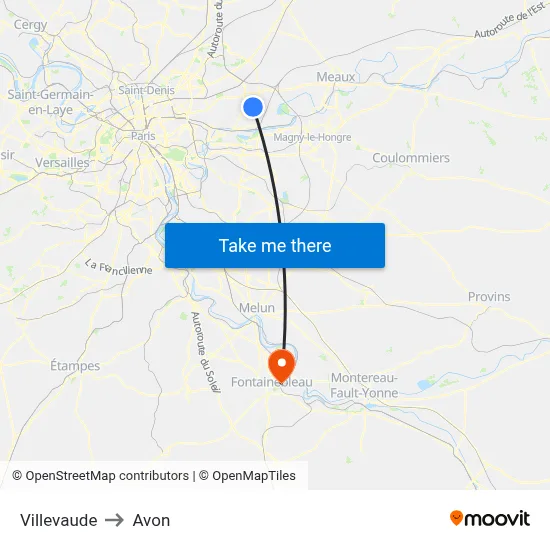 Villevaude to Avon map