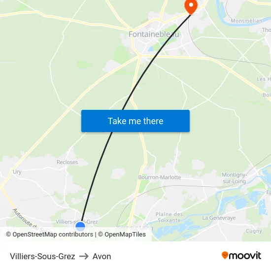 Villiers-Sous-Grez to Avon map