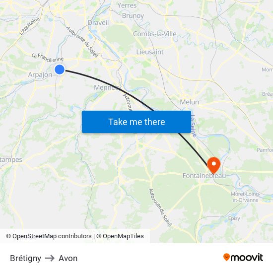 Brétigny to Avon map