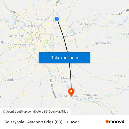 Roissypole - Aéroport Cdg1 (D3) to Avon map
