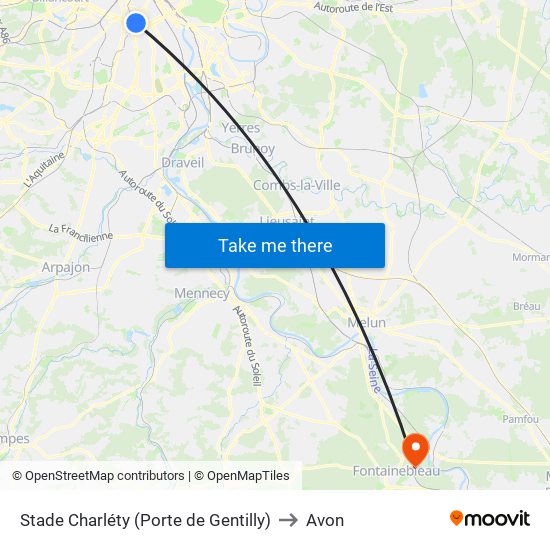 Stade Charléty (Porte de Gentilly) to Avon map