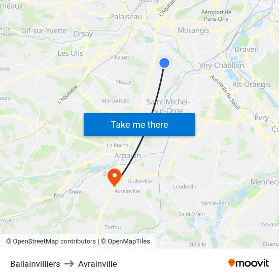 Ballainvilliers to Avrainville map