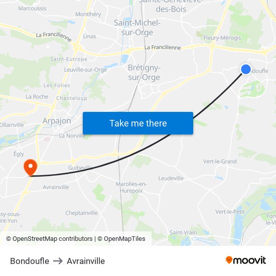 Bondoufle to Avrainville map