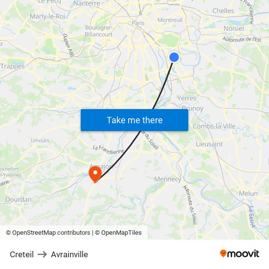 Creteil to Avrainville map