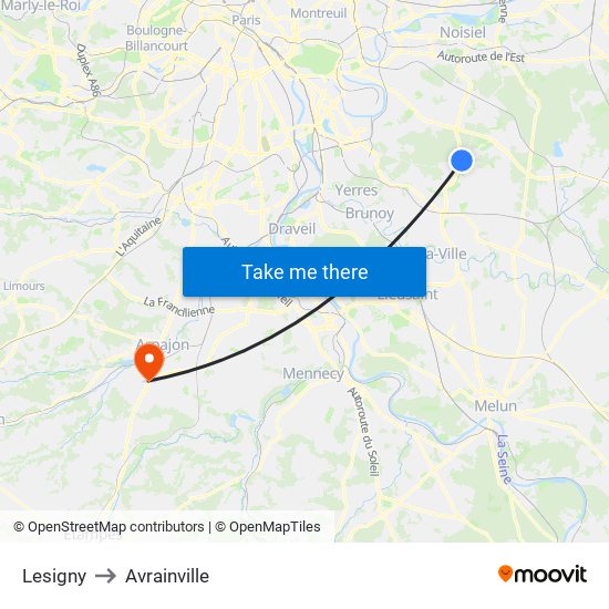 Lesigny to Avrainville map