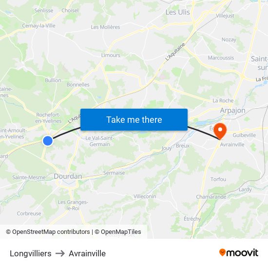 Longvilliers to Avrainville map