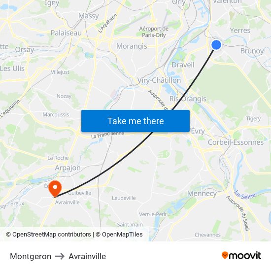 Montgeron to Avrainville map