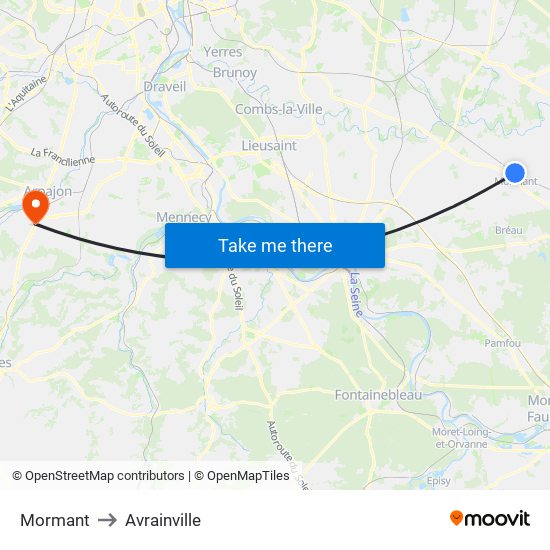 Mormant to Avrainville map