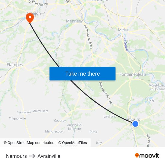 Nemours to Avrainville map