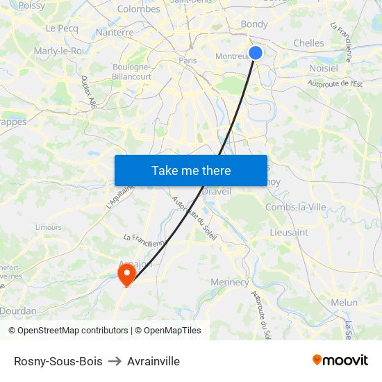 Rosny-Sous-Bois to Avrainville map