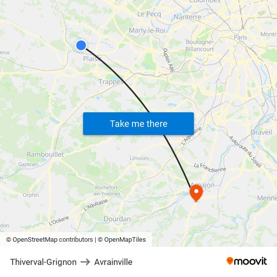 Thiverval-Grignon to Avrainville map