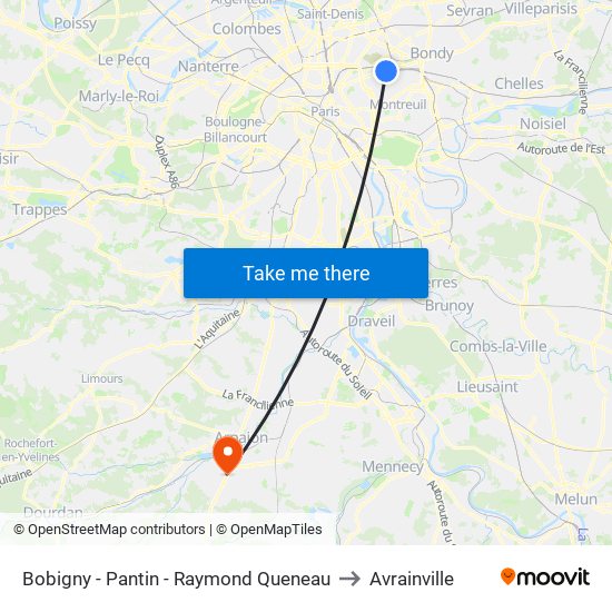 Bobigny - Pantin - Raymond Queneau to Avrainville map
