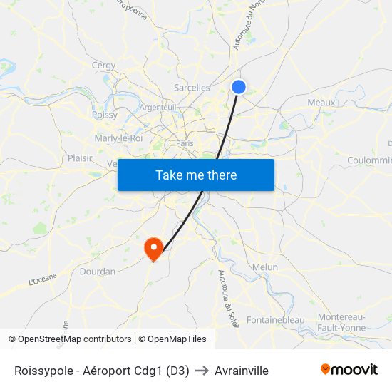 Roissypole - Aéroport Cdg1 (D3) to Avrainville map