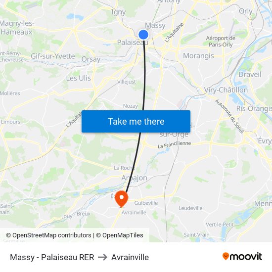 Massy - Palaiseau RER to Avrainville map