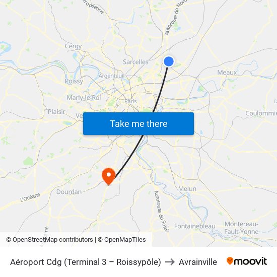 Aéroport Cdg (Terminal 3 – Roissypôle) to Avrainville map