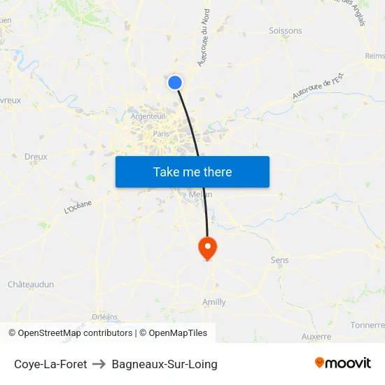 Coye-La-Foret to Bagneaux-Sur-Loing map