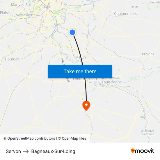 Servon to Bagneaux-Sur-Loing map