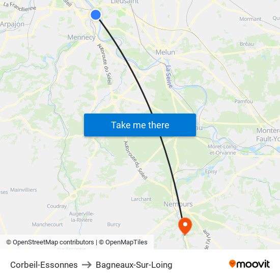 Corbeil-Essonnes to Bagneaux-Sur-Loing map