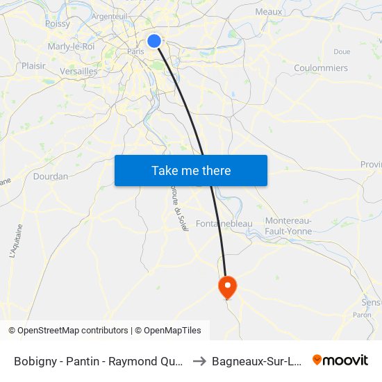 Bobigny - Pantin - Raymond Queneau to Bagneaux-Sur-Loing map