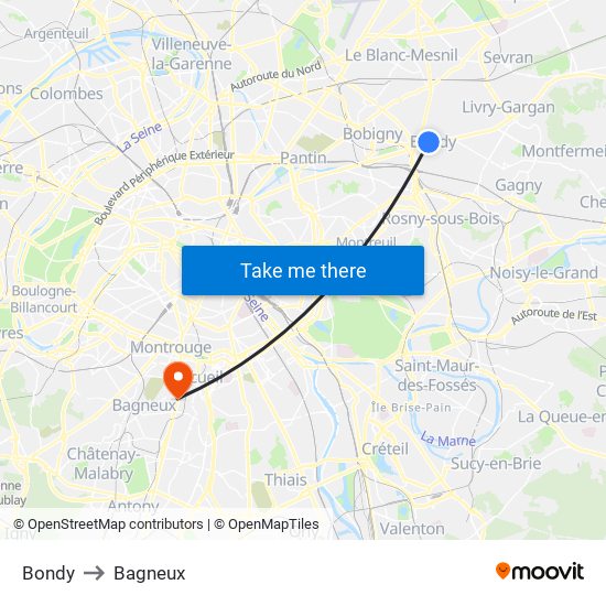 Bondy to Bagneux map