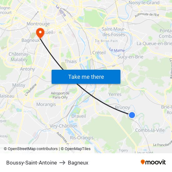 Boussy-Saint-Antoine to Bagneux map